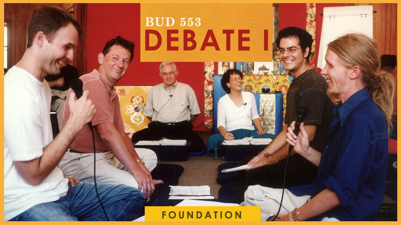 Two students debating TIbetan Buddhist philosophy at Nitartha Institute