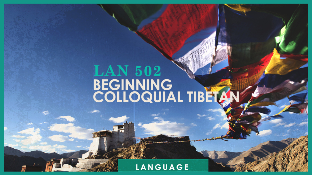 Tibetan prayer flags flying in the wind. heder image for Beginning Colloquial Tibetan course at nitartha institute.