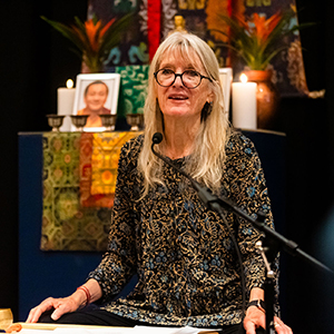 Buddhist teacher, Dr. Sandra Roscoe teaching at Nitartha Institute.