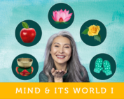 A smiling woman surrounded by 5 objects of senses: Singing bowl, apple, lotus, rose, mittens.