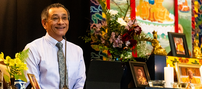 Dzogchen Ponlop Rinpoche, Buddhist teacher teaching Buddhist studies to two students.